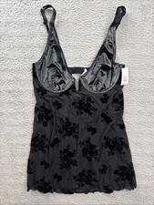 Auden Womens Large Black Flocked V-Neck Lingerie Slip Dress