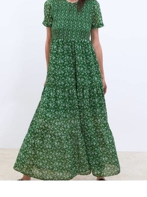 green emerald velvet dress ZARA MOST WANTED ECRU GREEN LEAF MIDI TEA DRESS Ladies – Afashionistastore main image 1