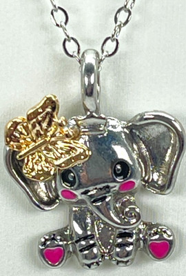 Necklace Silver Tone Elephant w/Gold Butterfly on Ear, Pink Feet, 18'' + 2'' Ext