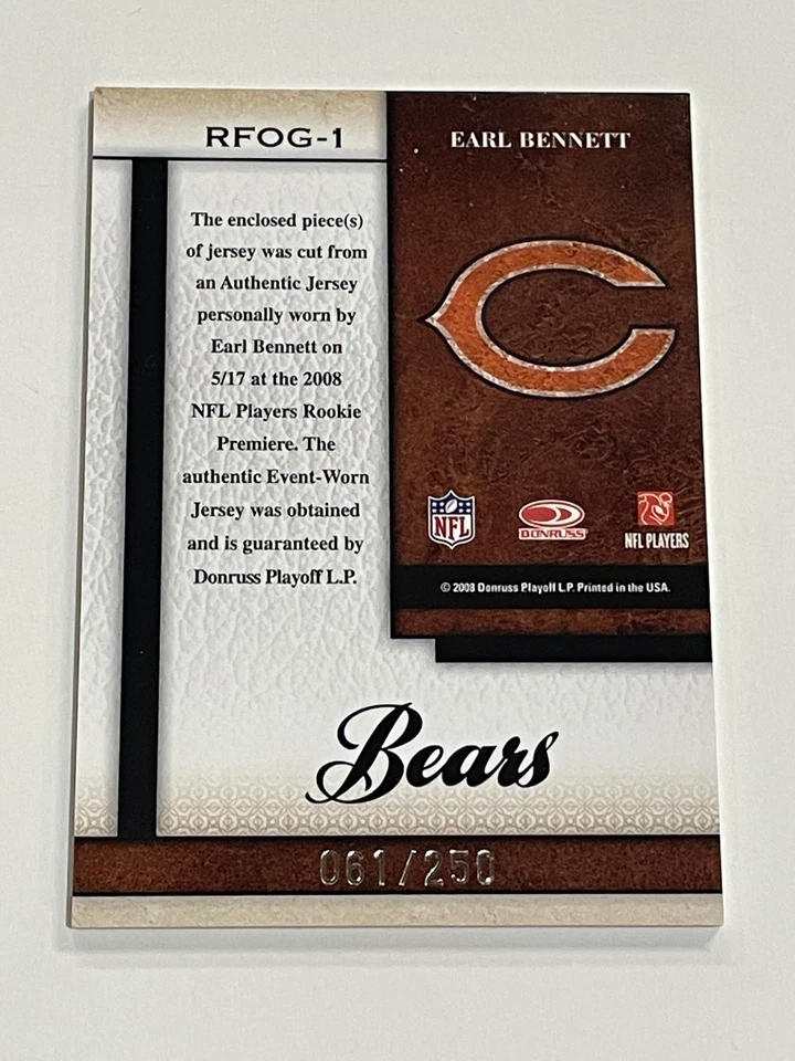 2008 Leaf Certified Football Rookie Relic #/250 - Earl Bennett RC - Bears - Image 2 of 2