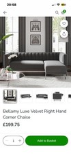 Dunelm Bellamy Luxe Velvet  RHC Sofa 3 Seater Chaise New In Box Grey
