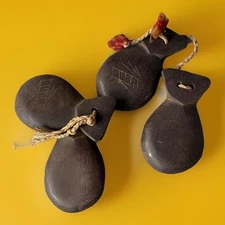 Two Pairs Hand Carved Spanish Flamenco Wooden Castanets Vintage