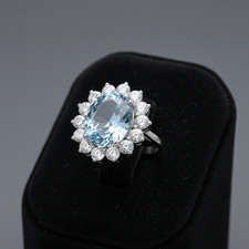 Sterling Silver Large Aquamarine Ring Cluster Engagement 925 Hallmark Size K-S