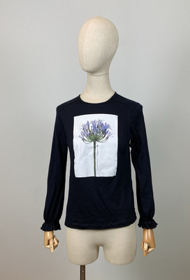 HIGH USE Black Floral Print Big Logo Long Sleeve Pullover Wool Sweater Size M