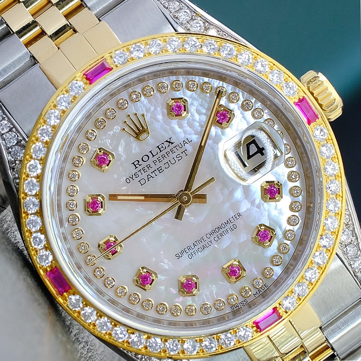 ホワイトダイアモンド Rolex Mens Datejust 18KY Gold & Steel White Diamond Dial Bezel