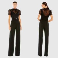 MAC DUGGAL BLACK BELTED ILLUSION HIGH NECK CAP SLEEVE JUMPSUIT SZ 14 NWT