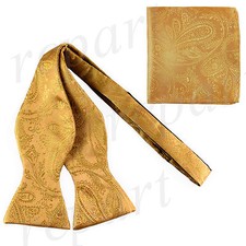 New men's self tie free style bowtie set paisley polyester formal wedding Gold