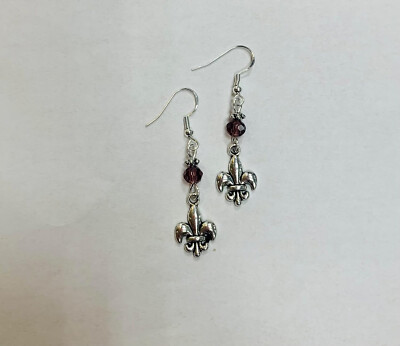 Fleur de Lys or Fleur de Lis Earrings with Purple Crystal Beads FREE SHIPPING