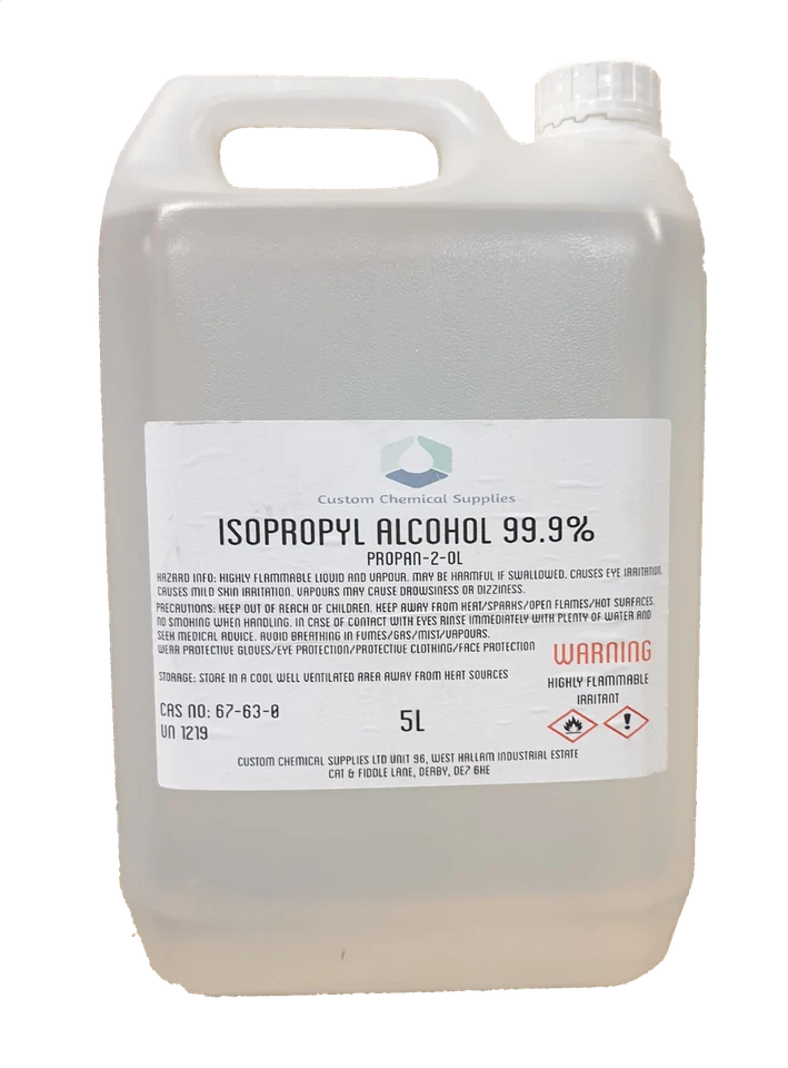 CUSTOM CHEMICAL SUPPLIES Isopropyl Alcohol IPA 99.9% Cleaning Pure Isopropanol 5L FREE DELIVERY