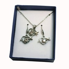 Heart-Shaped Silver Tone Necklace  Earrings Set With Rhinestones