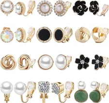 12 Pairs Clip-On Earrings for Women Cute Crystal Pearl Non-Piercing Studs