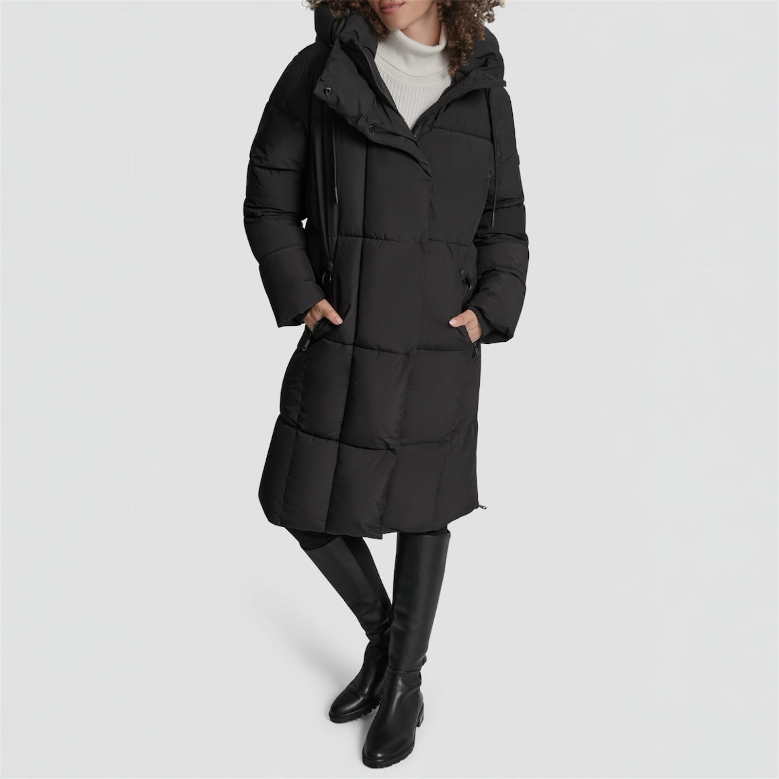 NWT $300 DKNY Box Quilted Longline Puffer Coat Water Resistant Women’s XS Black