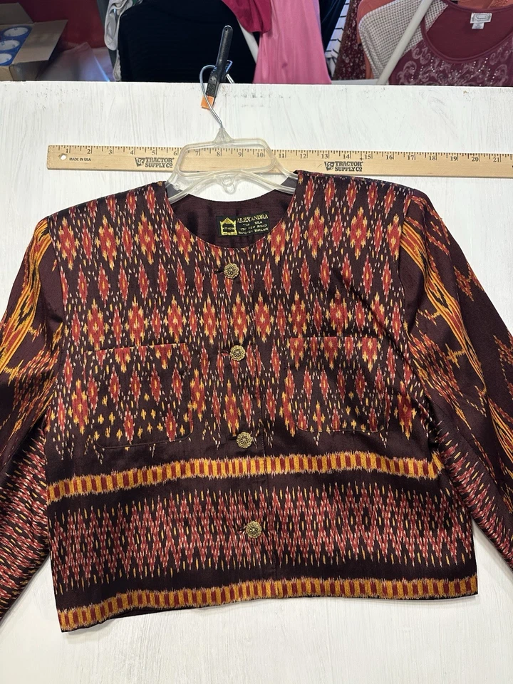 Vintage Alexandra Thai Silk Skirt Suit Set Jacket & Pencil Skirt Ikat Print Sz S - Image 4 of 4