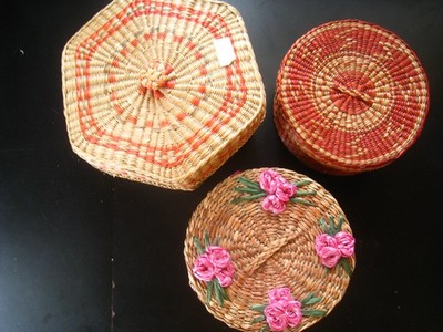 3 Small Vintage Covered Baskets, Woven Straw, Grass, Floral, Round, Hexagon