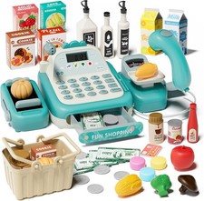 49PCS Pretend Play Cash Register Toy Set for Kids with Real Calculator,Scanner,M