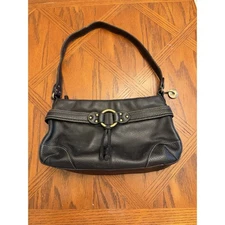 The Sak Genuine Black Leather Shoulder Bag Brushed Brass Ring Trim/Charm/Tassel