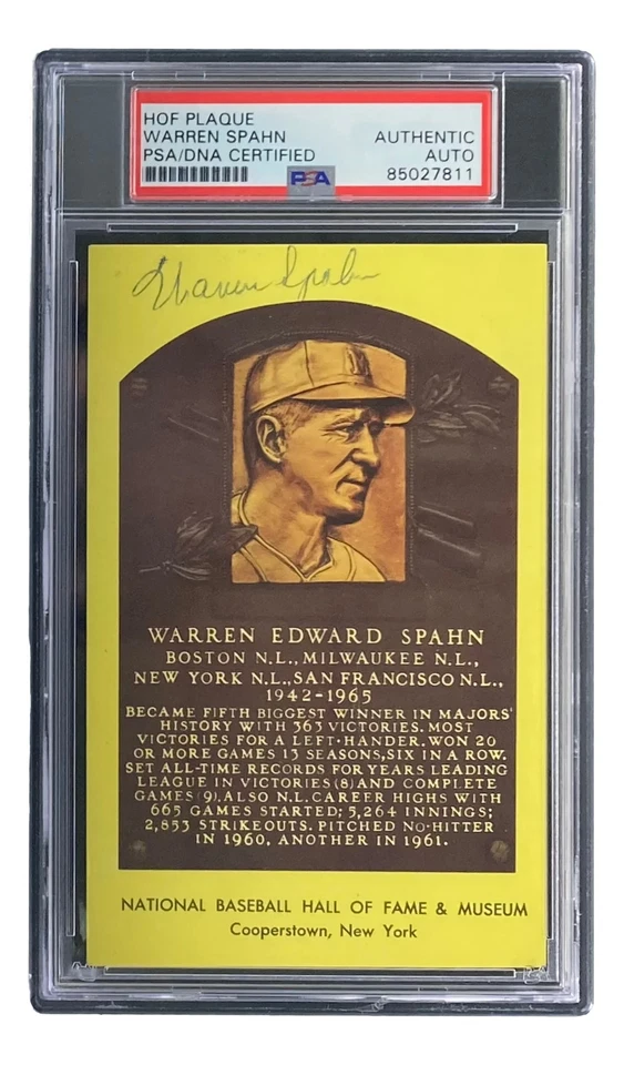 Warren Spahn Signed 4x6 Milwaukee Braves Hall Of Fame Plaque Card PSA/DNA - Image 4 of 4