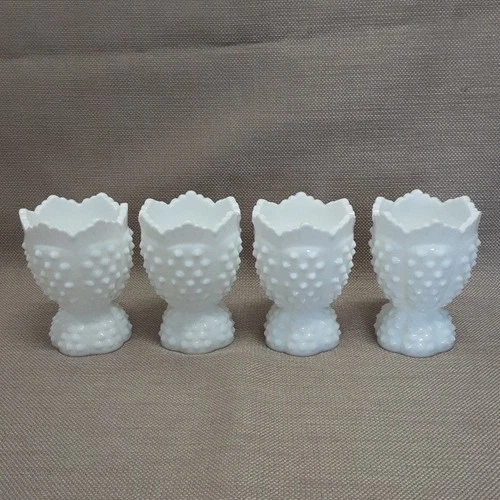 Set of 4 Rare Vintage White Hobnail Milk Glass Double Egg Cups