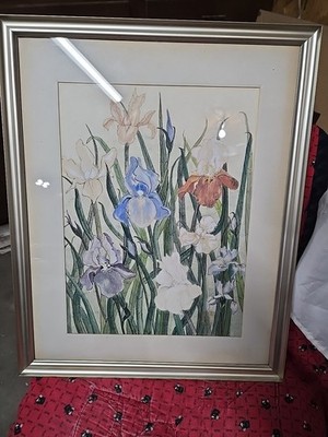 Vtg Signed Asian Watercolor Painting Iris Floral 17''x 22'' Framed Antique Picture