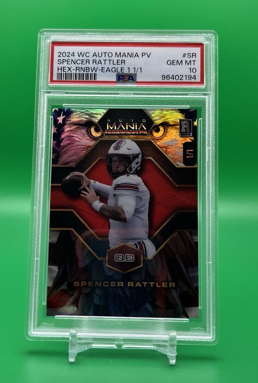 Spencer Rattler Wild Card Auto Mania American Football Preview #SR Hex-Rainbow Foil-Eagle 1 1/1