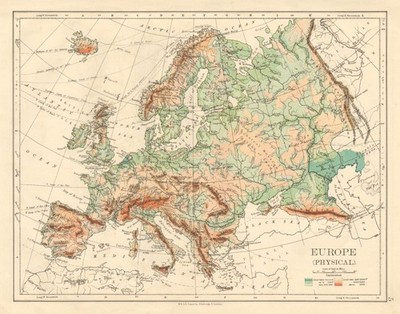 EUROPA PHYSISCH Relief Ozeantiefen Schlüssel Berge Ebenen JOHNSTON 1892 alte Karte