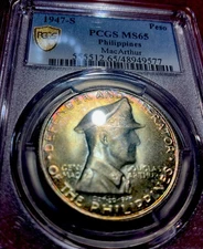 :1947-S - PESO PHILIPPINES DOUG MACARTHUR  PCGS/MS65 - TONING COIN
