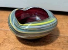 Vintage 70s Murano Style Glass Swirl Rainbow Folded Cigarette Ashtray Bowl 4.5"