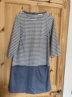 Seasalt Hendra Vean Womens Blue White Stripe Linen Blend Shift Dress UK 10 EU 38
