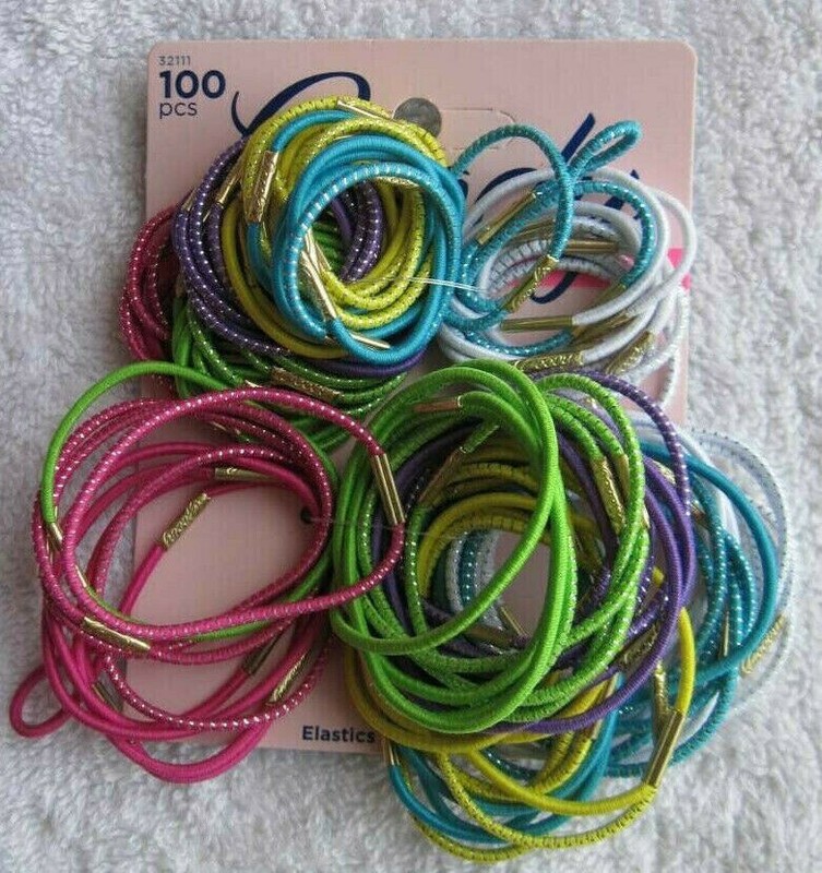 100 Goody Elastic Tinsel Woven Thin Medium Large W/ Metal Ponytailer Hair Bands