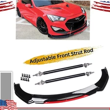 Front Bumper Lip Spoiler Splitter Body+Strut Rods Glossy Black For Hyundai