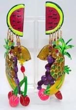 LUNCH At The RITZ Signed CLIP ON 4.5" L "FRUIT SALAD" Dangle EARRINGS