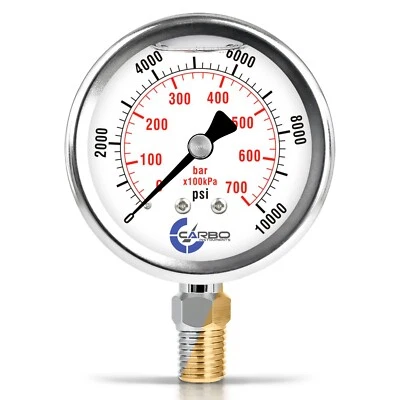 CARBO INSTRUMENTS 2-1/2" Pressure Gauge, Stainless Steel Case, Liquid Filled, Lower Mnt 10000 PSI