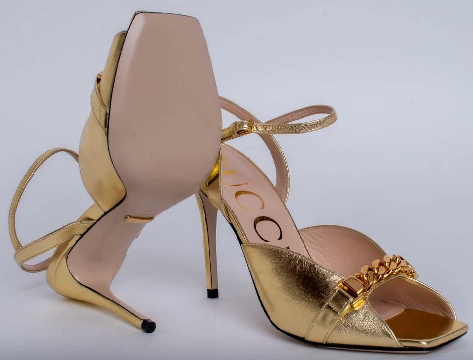 Gucci Gold Sylvie 626766 Chain Leather G 37 Sandals Size US 7 Reg