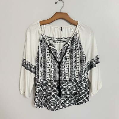 Anthropologie embroidered cotton boho blouse tassels small Akemi + Kin