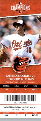 Toronto Blue Jays vs Baltimore Orioles 5/12/2015 Full Ticket - Wei-Yin Chen