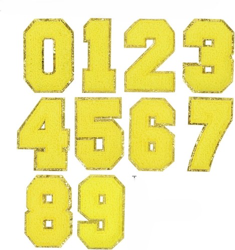 10PCS Numbers 0-9 Set Sew On Yellow Applique Patches Gold Glitter Trim ...