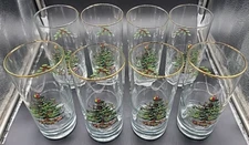 Set of 8 Spode Christmas Tree Clear Highball Drinking 6.25” Glasses Gold Rimmed