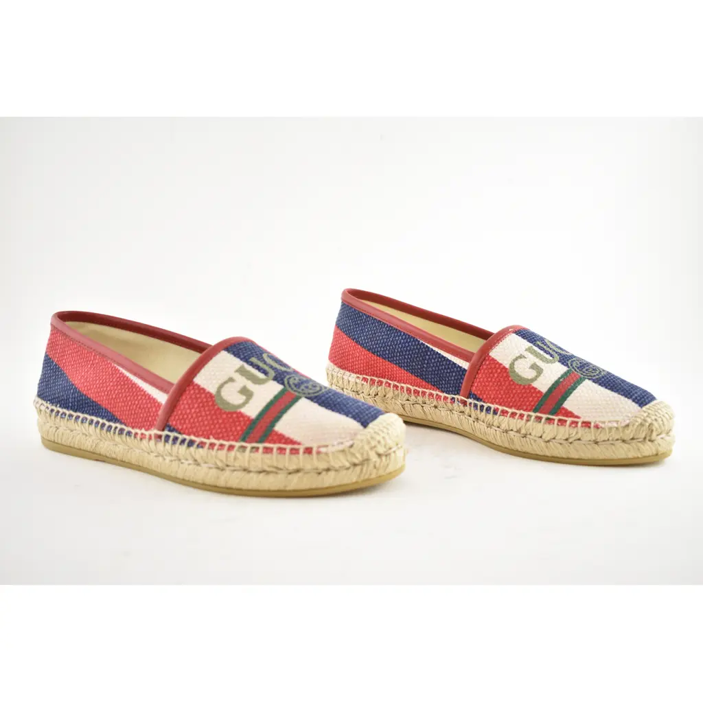 Gucci Sylvie Canvas Leather Red White Blue Logo Stripe Flat