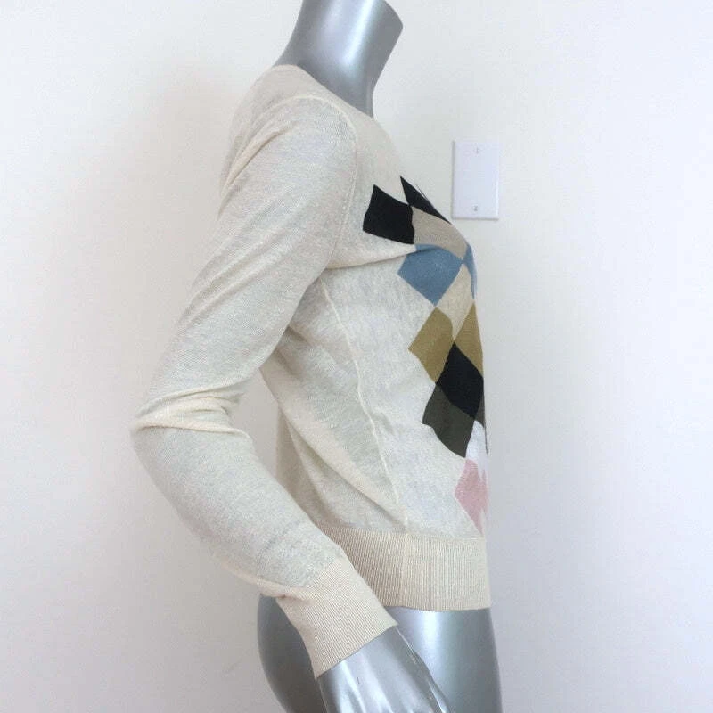 Theory Argyle Intarsia Sweater Ivory Linen-Blend Size Petite Crewneck Pullover - Image 3 of 4