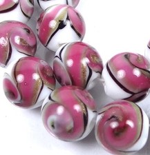 8 Lampwork Handmade Glass Pink Swirls with Gold Sand Round Beads 12mm