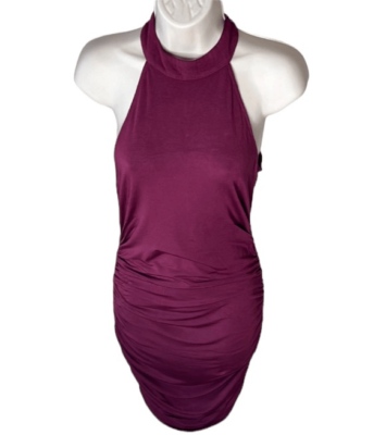 Krisa Ruched Halter Bodycon Mini Dress In Burgundy NWT Size Small | eBay