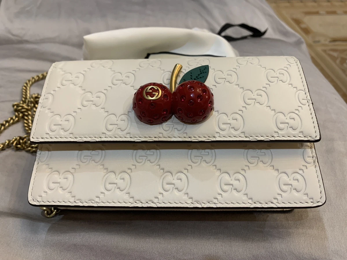 GUCCI Leather GG Crystal Cherry Wallet on Chain Mini Shoulder Bag