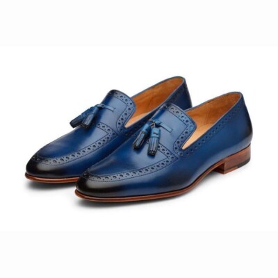 Men Handmade Navy Blue Leather Oxford Slip On Loafers  display picture 2