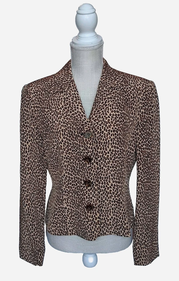 Vintage Allison Taylor Size M 100% Silk Brown/Beige Animal Print Lined Blazer Foto 2 de 4