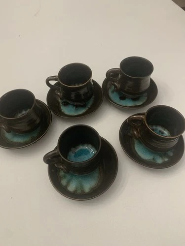 Vintage Studio Pottery Cups & Saucers Set Of 5 Turquoise Glaze Signed Beautiful