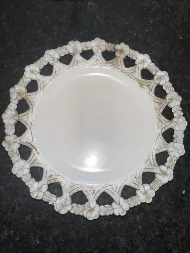 Vintage Milk Glass Floral Openwork Rim Plate Brown Accent Lace Edge Dessert 7.25