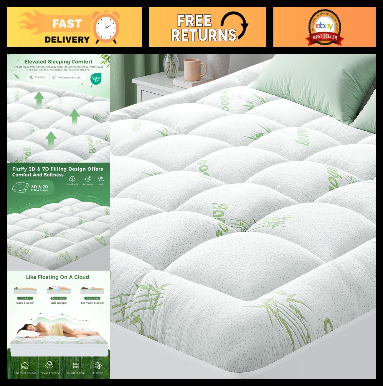 Thick Bamboo-Viscose Cooling Mattress Topper - Soft Pillow Top Pad for Back Pain