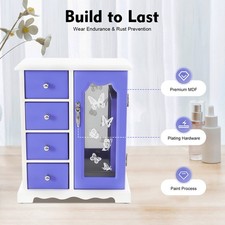 Jewelry Box Bracelets Rings Storage Organizer 4 Drawers Purple w/Built-in Mirror