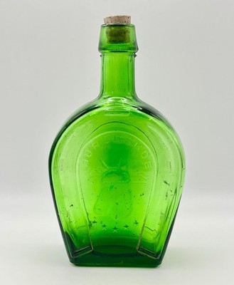 Vintage GREEN GLASS Horseshoe Bottle w/ Horse Head & Running Thoroughbred