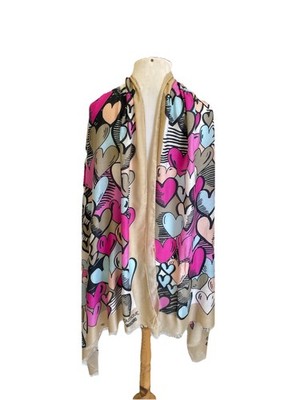 H74# Boutique Moschino Modal Cashmere Scarf Large Shawl Wrap Hearts Beige Pink